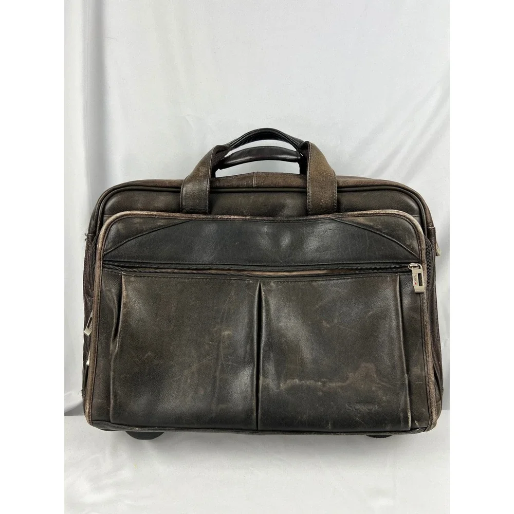 Solo Leather Briefcase Laptop Bag Mens Brown CheckFast TSA Friendly Good